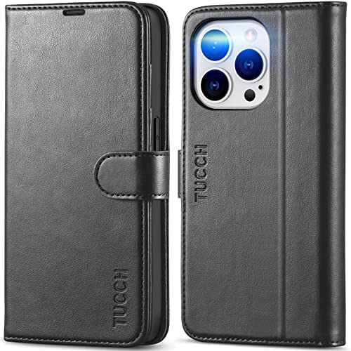 TUCCH Wallet Case for iPhone 14 Pro (6.1") 2022, 4 Card Slots, Black | RFID Blocking, Viewing Stand, Shockproof TPU Shell, PU Leather, Magnetic Closure, Protective Folio Flip Cover - color: Black