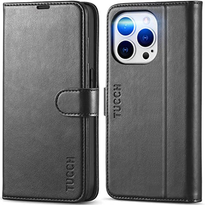 TUCCH Wallet Case for iPhone 14 Pro (6.1") 2022, 4 Card Slots, Black | RFID Blocking, Viewing Stand, Shockproof TPU Shell, PU Leather, Magnetic Closure, Protective Folio Flip Cover - color: Black