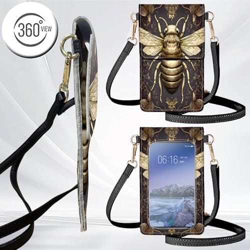 for Women Cell Phone Purse,with Touchscreen Cell Phone Purse,PU Leather Shoulder Bag Waterproof Phone Wallet Case with Clear Touch Screen Window up to 6.7 inch Smartphone, - color: Black and Gold Bees -249