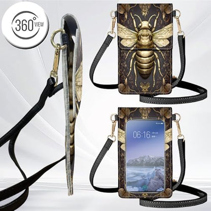 for Women Cell Phone Purse,with Touchscreen Cell Phone Purse,PU Leather Shoulder Bag Waterproof Phone Wallet Case with Clear Touch Screen Window up to 6.7 inch Smartphone, - color: Black and Gold Bees -249