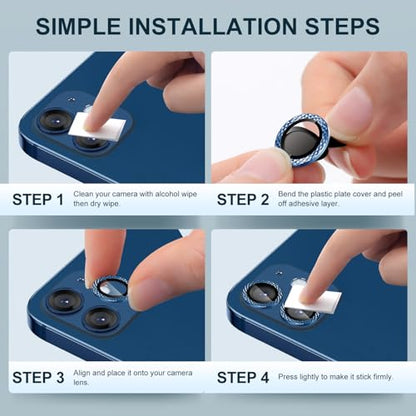 Camera Lens Protector Compatible for iPhone 12/12 Mini/11 Camera Cover Tempered Glass,HD Anti-Scratch Full Cover Metal Ring Ultra Thin/Clear - Shiny Blue