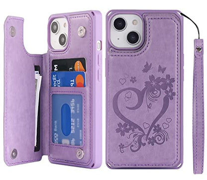 iCoverCase Compatible with iPhone 14 Wallet Phone Case with Card Holder for Women, RFID Blocking Embossed PU Leather Wrist Strap Case 6.1 Inch (Heart Purple) - color: H-Purple