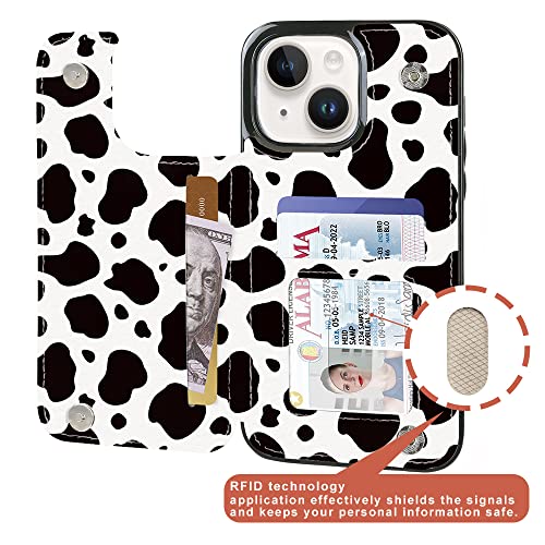 Compatible with iPhone 14 6.1" and iPhone 13 6.1" Wallet Case with Card Holder Folio Flip PU Leather Kickstand Card Slots Case Double Magnetic Clasp and RFID Blocking Cover 6.1 Inch (Cow Print) - color: Black Cow Print, size: iPhone 14/13