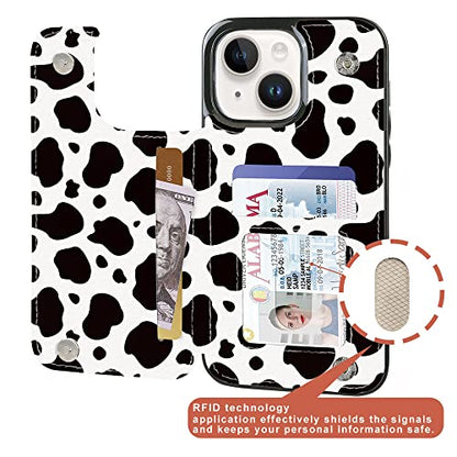 Compatible with iPhone 14 6.1" and iPhone 13 6.1" Wallet Case with Card Holder Folio Flip PU Leather Kickstand Card Slots Case Double Magnetic Clasp and RFID Blocking Cover 6.1 Inch (Cow Print) - color: Black Cow Print, size: iPhone 14/13