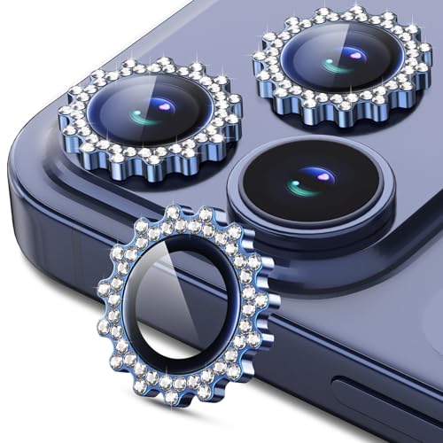 Compatible for iPhone 17 Pro/17 Pro Max Camera Lens Protector, Explosion-Proof 9H Tempered Glass with Diamond Gear Metal Ring, HD Anti-Scratch Lens Protection Decoration Accessories (Blue)