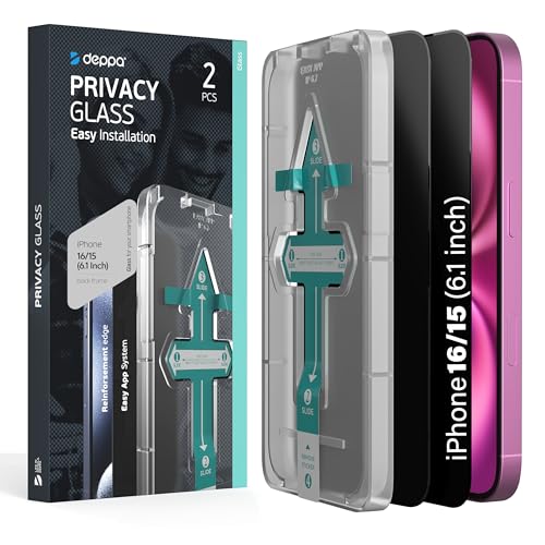 Deppa | 2-Pack | Privacy Screen Protector for iPhone 15, iPhone 16 (6.1") Bubble-Free | 9H Tempered Glass | Full Coverage | Easy Install - size: iPhone 15/iPhone 16 (6.1")