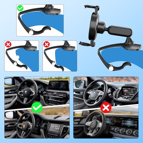 Universal 360° Dashboard Phone Holder – Clip-On Car Phone Mount with One-Push Lock, Fits 4–7 Inch Smartphones, No Adhesive, Multi-Mount for Dashboard, Sun Visor, or Rearview Mirror (Black)
