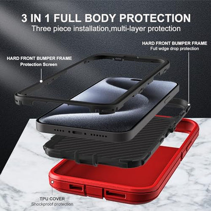 YKHJKLEC for iPhone 15 Pro Case, Military Grade 3 in 1 Heavy Duty Shockproof/Drop Proof/Dust Proof Case with 2Pcs Tempered Glass Screen Protector (Red/Black) - color: Red/Black