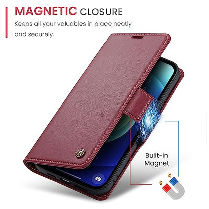 QLTYPRI Wallet Case for iPhone 12/12 Pro, Premium PU Leather Magnetic Flip Folio Case with RFID Blocking Credit Card Slots Kickstand Shockproof Protective Phone Case Cover - Wine Red | Premium PU Leather, Magnetic Closure Flip Case, RFID Blocking, Viewing