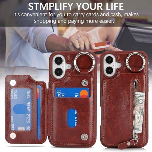 Ｈａｖａｙａ for iPhone 16 case Wallet with Card Holder for Women Men Shockproof Phone case with Keychain Ring Stand Leather Zipper Credit Card Slots-Deep Brown - color: Deep Brown-Ring