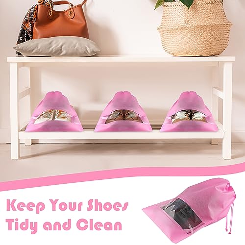 Pink Travel Shoe Bags - 10 Pcs Non-Woven Packing Bags with Clear Window | 15.7" x 11.8" Waterproof Dustproof Portable Travel Shoe Storage Bag for Men and Women - color: Pink, style: 10 Pack