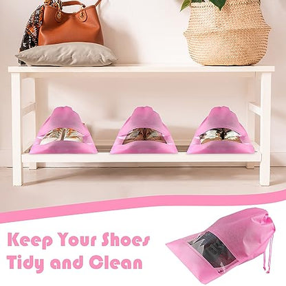 Pink Travel Shoe Bags - 10 Pcs Non-Woven Packing Bags with Clear Window | 15.7" x 11.8" Waterproof Dustproof Portable Travel Shoe Storage Bag for Men and Women - color: Pink, style: 10 Pack