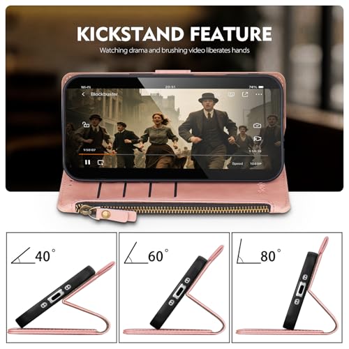Compatible with iPhone 17e / 16e Wallet Case with Card Holder RFID Blocking Zipper Poket PU Leather Flip Phone Case with Wrist Strap Credit Card Slots Men Women,Rose Pink - color: Rose Pink
