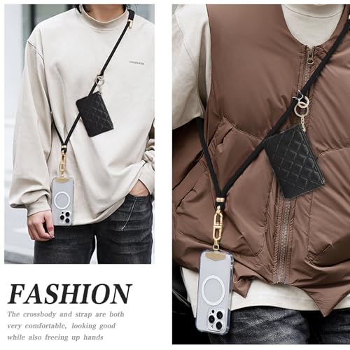 Phone Strap with Leather Zipper Pouch Bag, Hands-Free Phone Charm Holder Neck Strap Stylish Crossbody Adjustable Chain Lanyard with Wallet for All Phones