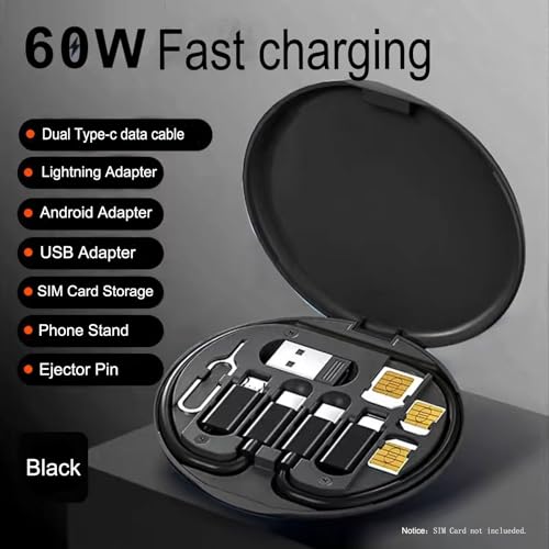 ZALUJMUS Multifunctional Data Cable Storage Box Adaptor for USB-C and Micro-USB Devices Universal Data Transfer Cable (Black) - color: Black
