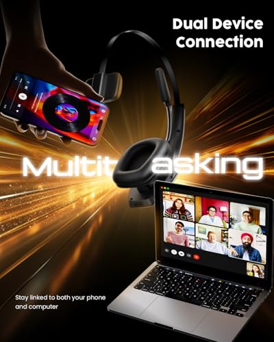 Wireless Hands-Free Headset with Noise Canceling Mic & Mute Button, Trucker Bluetooth Headset with Charging Base, 56Hrs Working Time PC Headsets for Truck Driver, Cell Phone, Computer (Black)