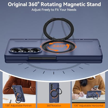 Upgraded 360° Spin Magnetic Invisible Ring Stand for Samsung Galaxy Z Fold 7 Case,[Compatible with MagSafe][S Pen Holder][Hinge Protection][Screen Protector],Shockproof Full Body Phone Cover - color: Blue-1