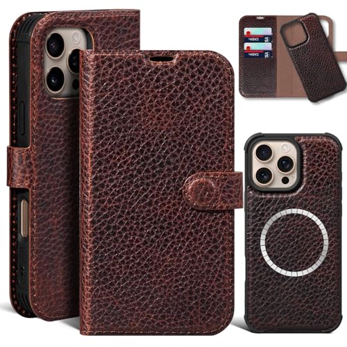Leather Wallet Case for iPhone 16 Pro Max, Speckled Dark Brown | Genuine Leather, Magnetic Detachable, 2-in-1 Flip Folio, RFID Blocking, Wireless Charging - color: Speckled Dark Brown, size: 16 Pro Max 6.9‘’