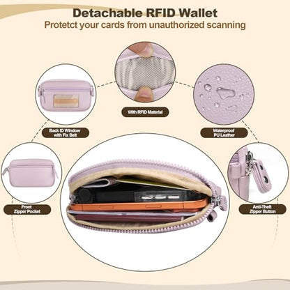 YFWE Clip and Go Phone Strap with Crossbody Wallet, Adjustable Phone Lanyard with Detachable RFID Wristlet Wallet, Anti-Theft Leather Purse with ID Window for Travel Essentials (Purple) - color: Purple