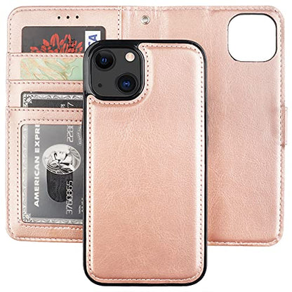 Bocasal Detachable Wallet Case Card Holder for iPhone 13, Rose Gold | RFID Blocking Kickstand Card Slots Holder PU Leather Magnetic Shockproof Wrist Strap Removable Flip Protective Cover 6.1 inch - color: Rose Gold
