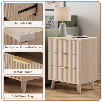 Wood Nightstands Set of 2 w/Charging Station, 3 Drawers Fluted Dresser - color: Natural Oak, size: 3 Drawers-Set of 2 Nightstand