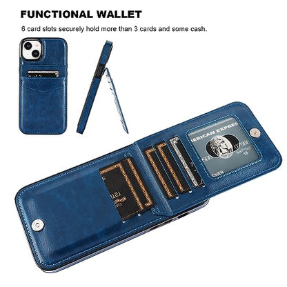 KIHUWEY for iPhone 15 Plus Wallet Case Card Holder Kickstand, Blue | Credit Card Slots, PU Leather, Magnetic Clasp, Flip Heavy Duty Protection Cover for Men and Women - color: Blue