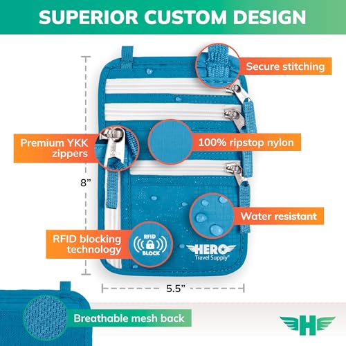 HERO Neck Wallet - RFID Blocking Passport Holder, Easy to Conceal Travel Pouch (Aqua) - color: Aqua