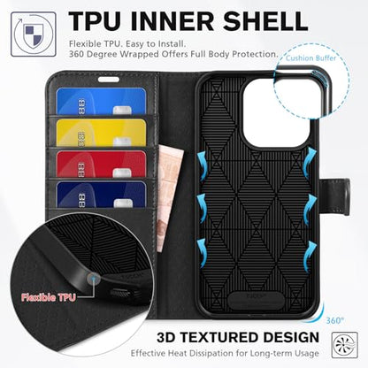 TUCCH Wallet Case for iPhone 15 Pro (6.1") 2023, 4 Card Holders, Black | RFID Blocking, Viewing Stand, Shockproof TPU Shell, PU Leather, Magnetic Closure, Protective Folio Flip Cover - color: Black