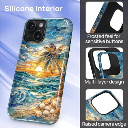 Case for iPhone 15, Dual Layer Phone Cover, Stained Glass Beach Palm | Shockproof Hybrid Phone Case, Soft TPU and Hard PC, Durable Anti-Scratch Protection - color: Stained Glass Beach Palm, size: Iphone 15