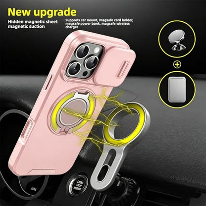 Rugged Shockproof Case for iPhone 17 Pro Max, Heavy Duty Protective Phone Case with Slide Camera Cover, 360° Rotatable Ring Stand & Magnetic Car Mount Compatible (Pink,iPhone 17 Pro Max) - color: Pink