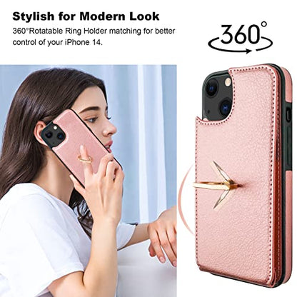 Folosu Compatible with iPhone 14 Case Wallet with Card Holder, 360°Rotation Finger Ring Holder Kickstand, RFID Blocking Leather Protective Double Buttons Shockproof Cover 6.1 Inch Rose Gold - color: Rose Gold, size: iPhone 14
