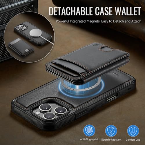 WJX for iPhone 16 Pro MagSafe Wallet Case, 2-in-1 Detachable Luxury Card Holder, Universal MagSafe Compatible, RFID Blocking, Shockproof Kickstand Slim Cover， Black - color: Black, size: iPone 16 Pro