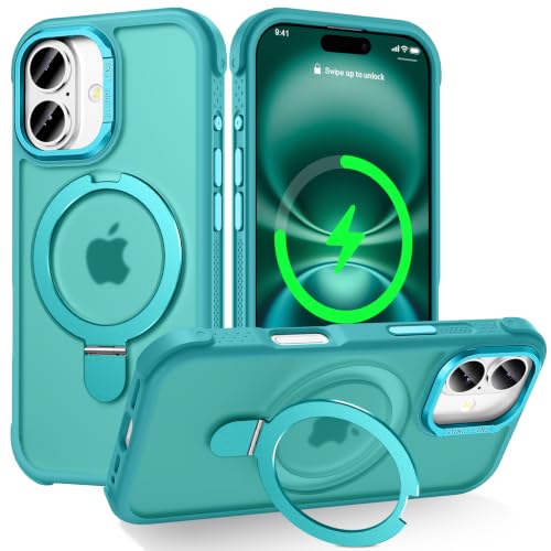 Designed for iPhone 16 Plus Case with Magnetic Stand, Darkcyan | Certified Drop Protection, Great Grip Feeling, Matte Translucent Back Slim Shockproof Phone Cover - color: Darkcyan, size: Iphone 16 Plus