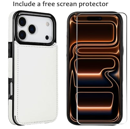 for iPhone 17 Pro Max Wallet Case with Screen Protector, Slim PU Leather Protective Case with Card Holder[RFID Blocking] Kickstand Cover 6.9“-White - color: White