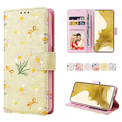 UEEBAI Wallet Case for Samsung Galaxy S23 5G, PU Leather Phone Case Kickstand RFID Blocking Flip Case with Card Slots Wrist Strap Relief Engraved Pattern Magnetic Closure Folio Case - Yellow Daisy - color: Yellow Daisy, size: Samsung Galaxy S23 5G