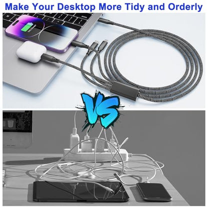 USB C to USB C/Dual Lightning/Micro USB Charging Cable 2M/6Ft, 4 in 1 Multi Charging Cable for Multiple Devices, Braided Universal iPhone Charger Cord for Cell Phones, iPhone Series, Tablets, Galaxy