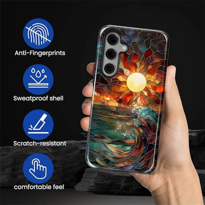 Case for Samsung Galaxy S23 FE, 2 in 1 PC Hard Shell & Silicone Inner Bumper, AntiScratch Fullbody Cover Shockproof Slim Design Stained Glass Sun Waves - color: Stained Glass Sun Waves, size: Galaxy S23 FE