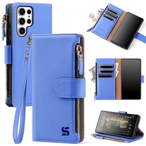 Shieldtop Compatible with Samsung Galaxy S23 Ultra 5G Wallet Case with Card Holder,Women Men RFID Blocking PU Leather Phone Case Flip Protective Cover Wrist Strap Zipper Credit Card Slots,Purple Blue - color: Purple Blue, size: Galaxy S23 Ultra - 6.8"