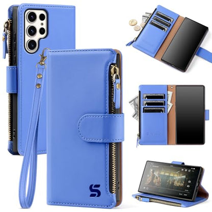 Shieldtop Compatible with Samsung Galaxy S23 Ultra 5G Wallet Case with Card Holder,Women Men RFID Blocking PU Leather Phone Case Flip Protective Cover Wrist Strap Zipper Credit Card Slots,Purple Blue - color: Purple Blue, size: Galaxy S23 Ultra - 6.8"