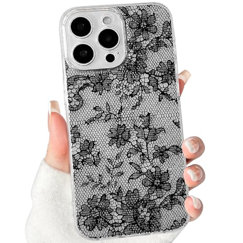 Lovmooful Compatible for iPhone 13 Pro Case Floral Leaf-Black | Aesthetic Flower with Romantic Lace Design,for Girls Women Girly,Soft TPU Case,Shockproof Protective - color: Black, size: iPhone 13 Pro