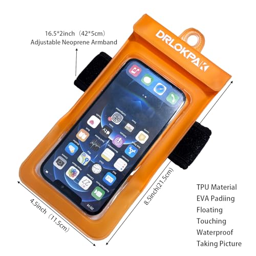 DRLOKPAK Waterproof Phone Case Armband Surfing Dry Bag Floating Waterproof Pouch Holder for iPhone 15 14 13 12 Pro Max XS Plus Se Galaxy S23 + Ultra W24 Google LG Phone up to 7inch (Orange) - color: Orange