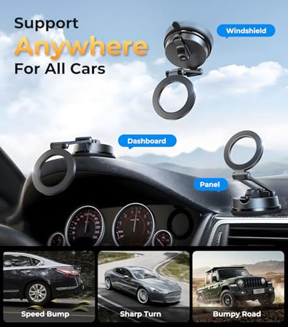 【Vacuum Suction Folding Car Mount】Magnetic Car Phone Holder for magsafe, Aerospace Alloy Arm, Best Dashboard/Windshield/Screen Holder for Your Car/Tesla/Gym/Mirror/Shower/Smooth Surface/iPhone - size: Windshield+Dash+Mag Safe