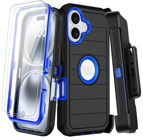for iPhone 16 Case with Belt Clip Holster,2X Screen Protectors,Heavy Duty Shockproof Drop Protection Military Grade 3 Layers Full Covered Rugged Durable Phone Cover with Kickstand 6.1“ (Black Blue - color: Black Blue w Clip