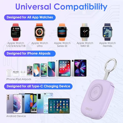 Small Portable Charger 5000mAh,iWatch Wireless Charger Mini Power Bank with Built-in Cable,Travel Keychain Charger for Apple Watch 11/10/9/8/Ultra/7/6/Se/5/4,iPhone 17/16/15/14/13/12,Android Phone - color: Purple