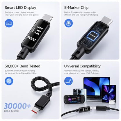 pzoz USB-C to USB-C Cable, 240W PD 3.1 Fast Charging with LED Display