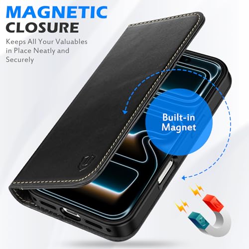 SHIELDON Genuine Leather Wallet Case for iPhone 17 Pro 6.3", Retro Black | Magnetic Closure, RFID Blocking, Credit Card Holder, Viewing Stand, Folio Design, Shockproof Protective Cover - color: Retro Black