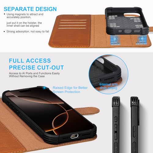 Genuine Leather Wallet Case for iPhone 16 Pro Max, Yellow Brown | 2-in-1 Magnetic Detachable, Shockproof, Flip Folio with Card Slot, RFID Blocking - color: Yellow Brown, size: 16 Pro Max 6.9‘’