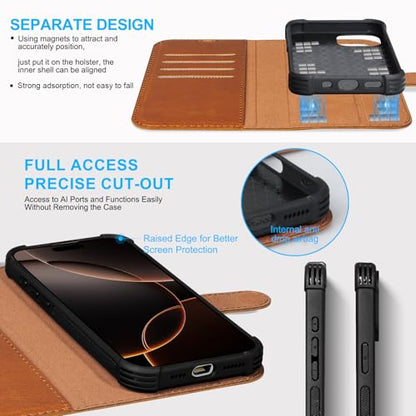 Genuine Leather Wallet Case for iPhone 16 Pro Max, Yellow Brown | 2-in-1 Magnetic Detachable, Shockproof, Flip Folio with Card Slot, RFID Blocking - color: Yellow Brown, size: 16 Pro Max 6.9‘’