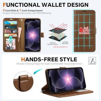 TUCCH 2-in-1 Detachable Wallet Case for iPhone 17e/16e (6.1"), Brown | 4 Card Holders, RFID Blocking, Wireless Charging, Kickstand, Wrist Strap, Shockproof TPU, PU Leather, Magnetic, Folio Cover - color: Brown