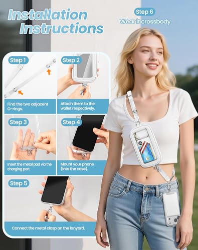 Clip and Go Strap for Phone with Wallet Crossbody, Detachable Wristlet Strap Pocket with Zipper Phone Screen ID Window, 2 Pcs Metal Tether Patches Compatibe with iPhone and Most Smartphones White - color: White
